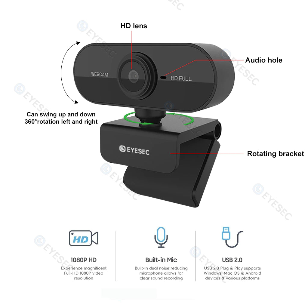 T2ES Webcam 1080P HD Auto Focus Wide Angle