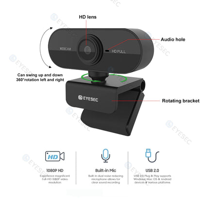 T2ES Webcam 1080P HD Auto Focus Wide Angle